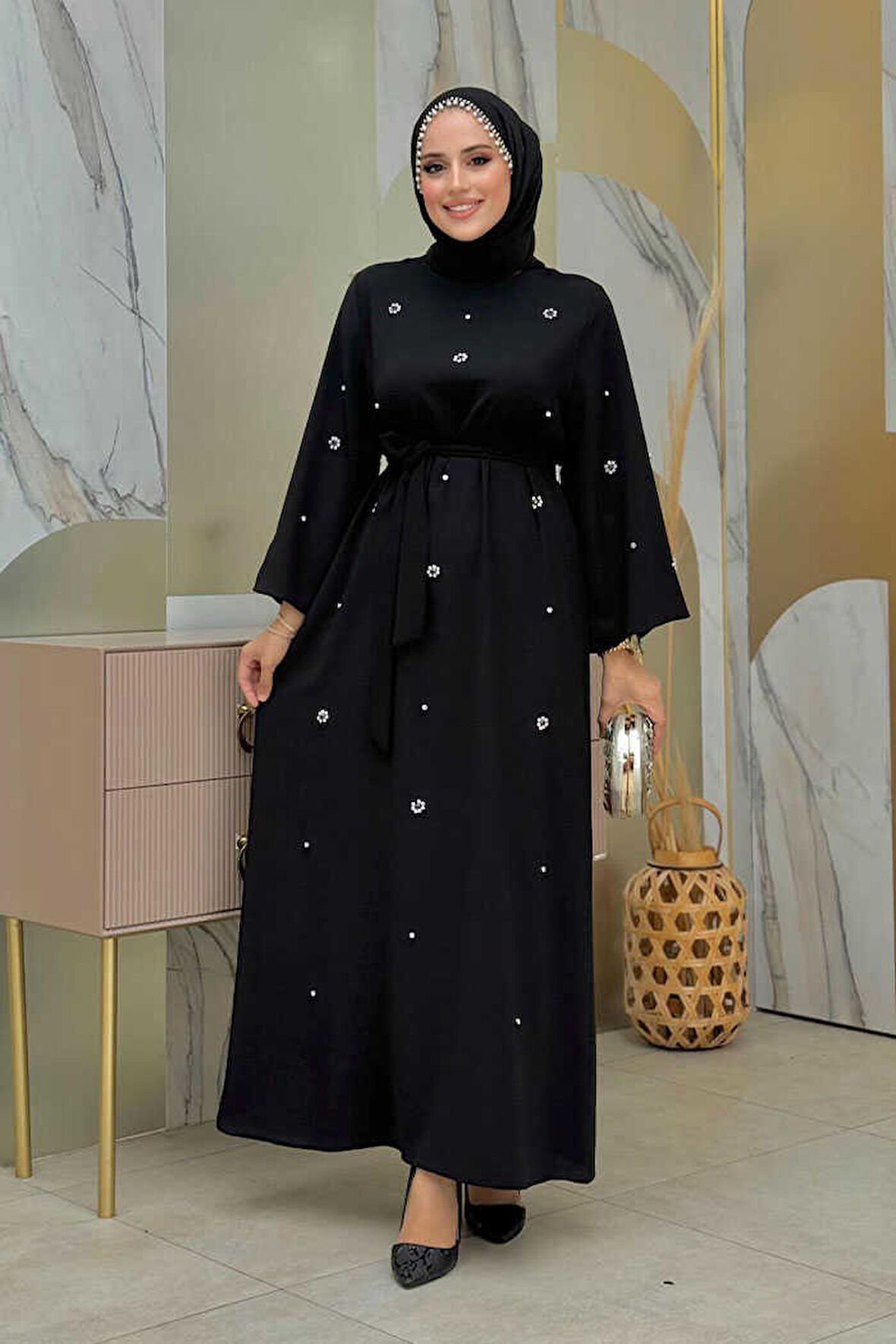 Taş Detaylı Bel Kuşaklı Elbise 3797 Siyah