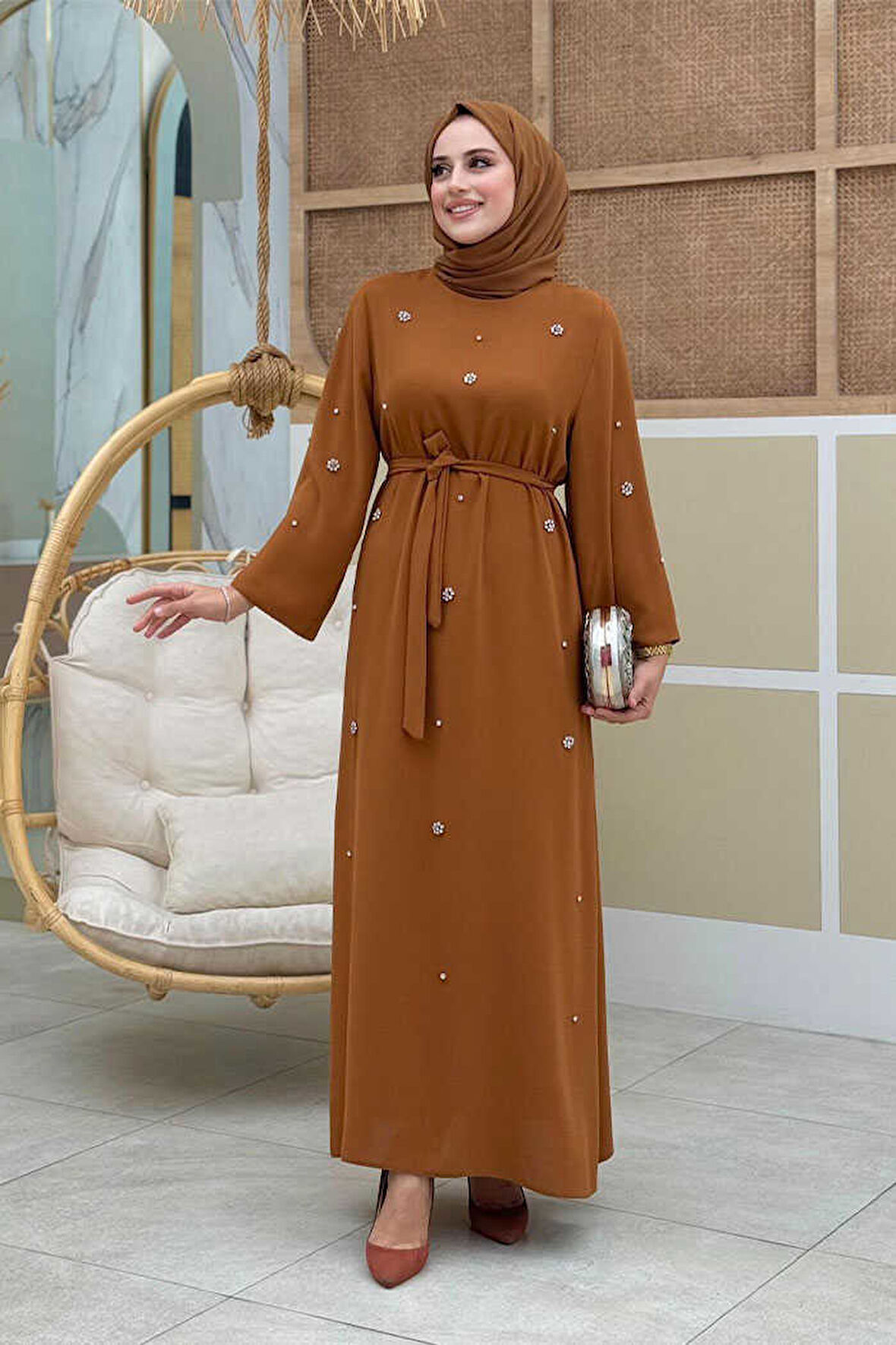 Taş Detaylı Bel Kuşaklı Elbise 3797 Taba