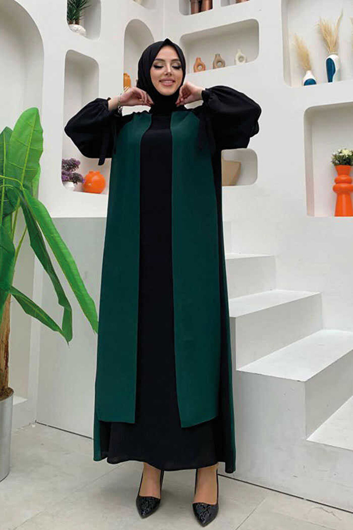 İki Renkli Parça Detay Balonkol Görünümlü Elbise 3799 Zümrüt