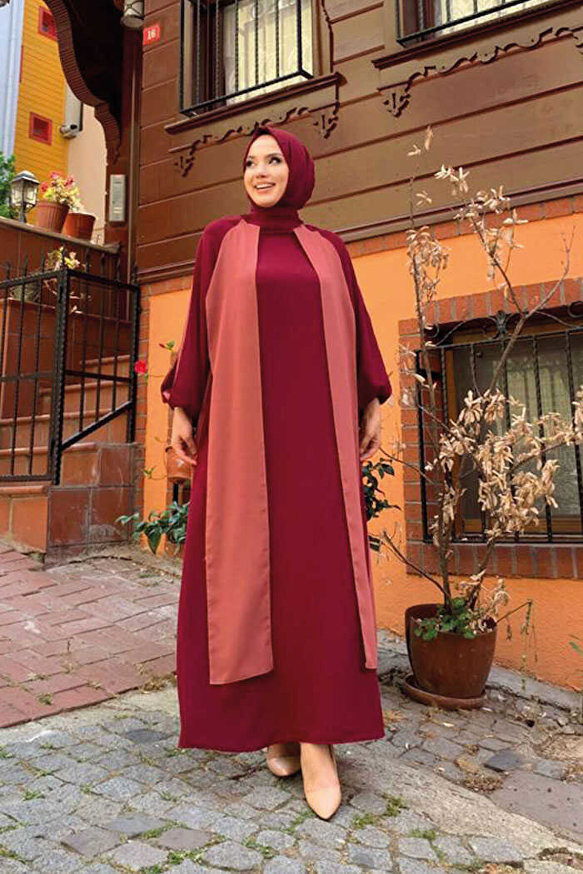 İki Renkli Parça Detay Balonkol Görünümlü Elbise 3799 Gül Kurusu