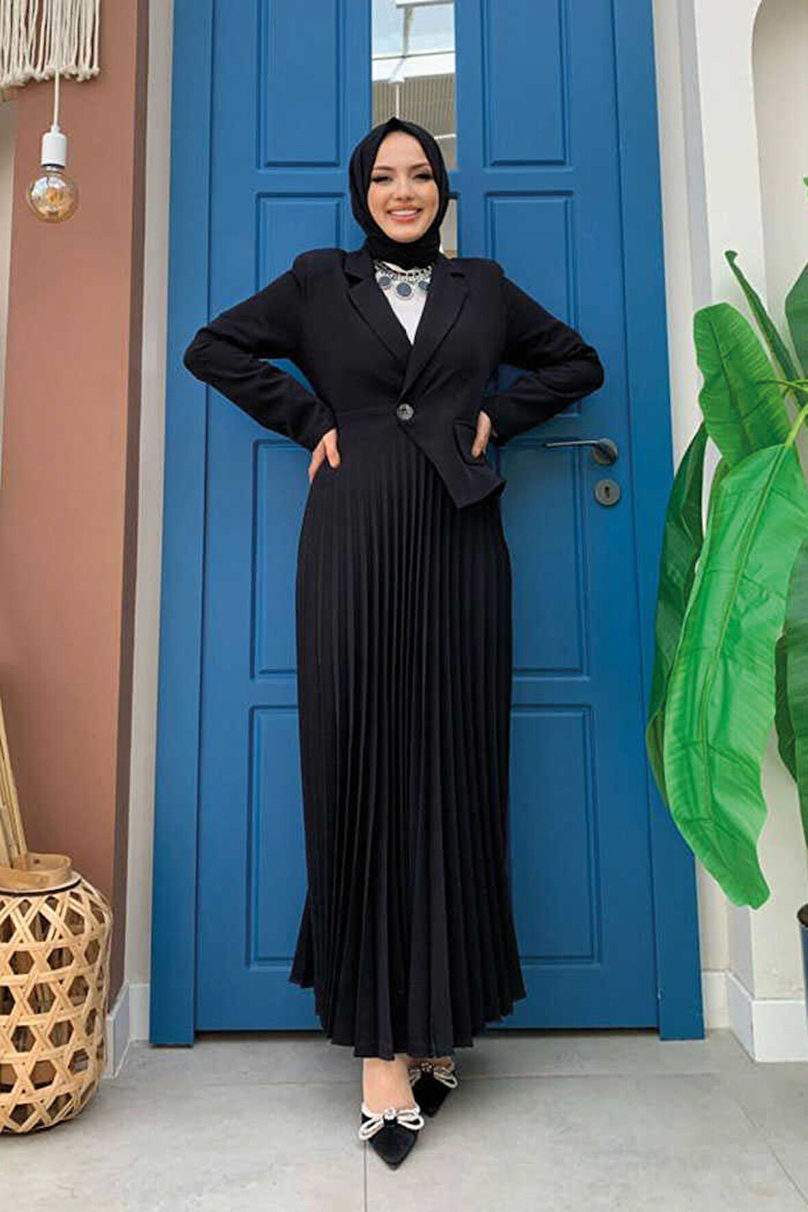 Ceket Görünümlü Eteği Piliseli Elbise 3700 Siyah