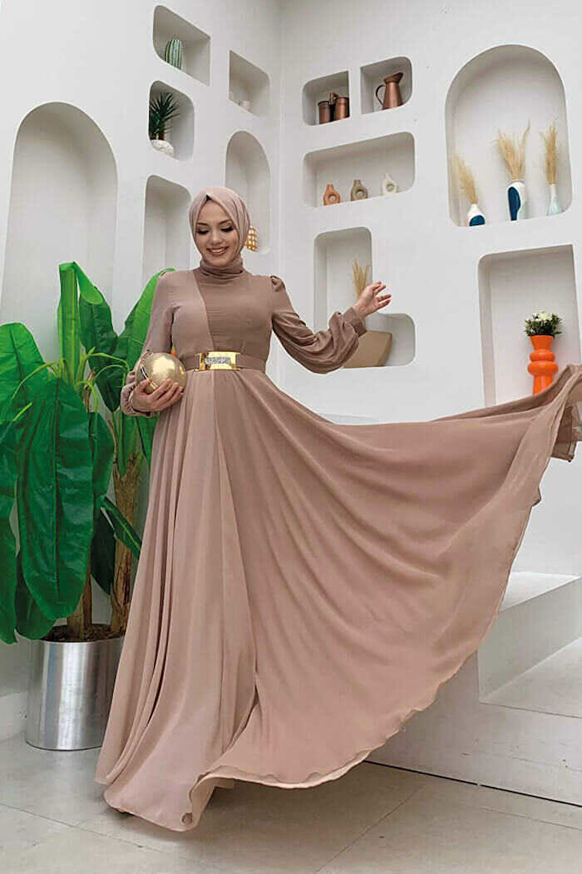 İki Renkli Şifon Bel Kemer Aksesuarlı Abiye Elbise 3806 Vizon