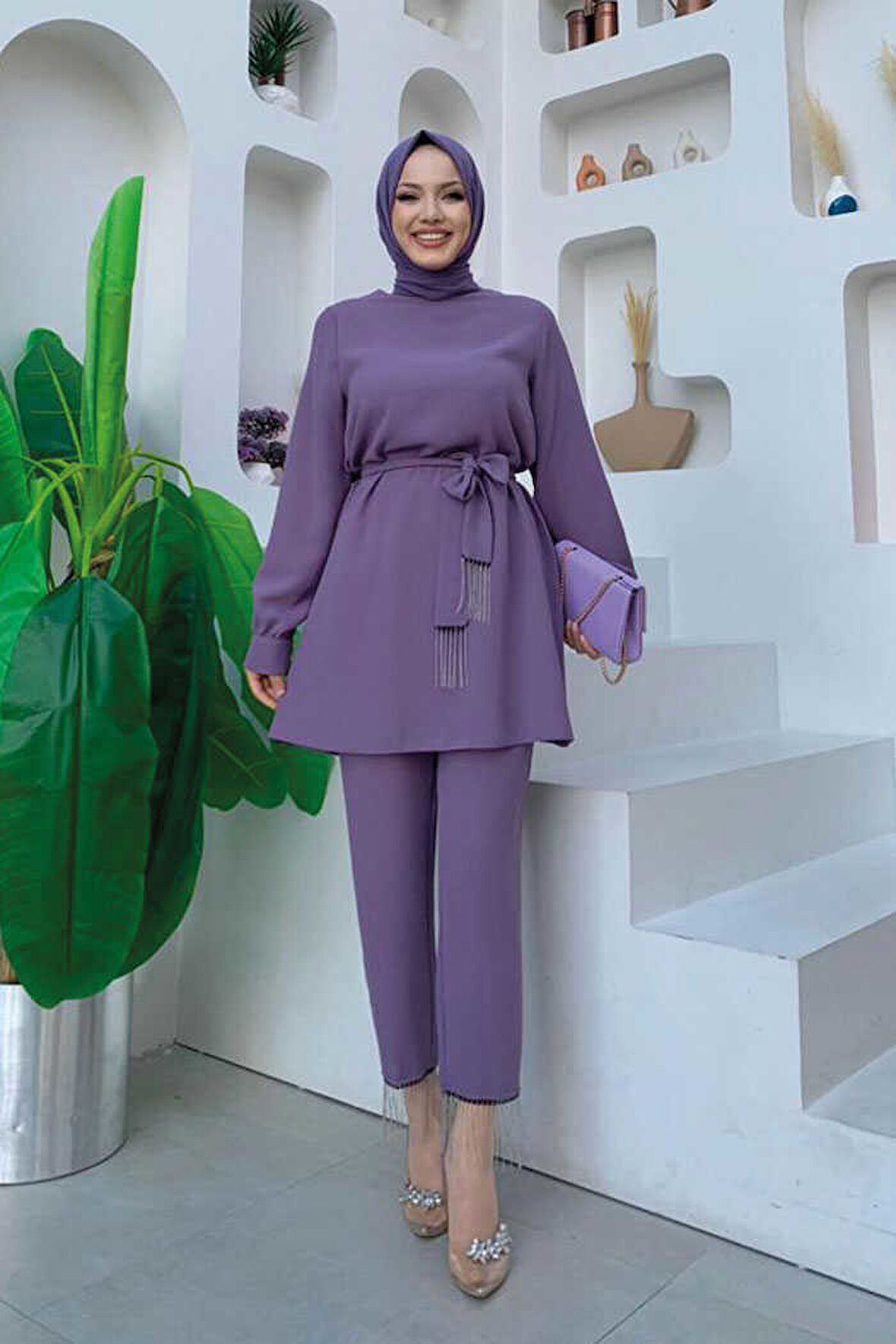 Püskül Detaylı Tunikli Pantolon İkili Takım 8424 Lila