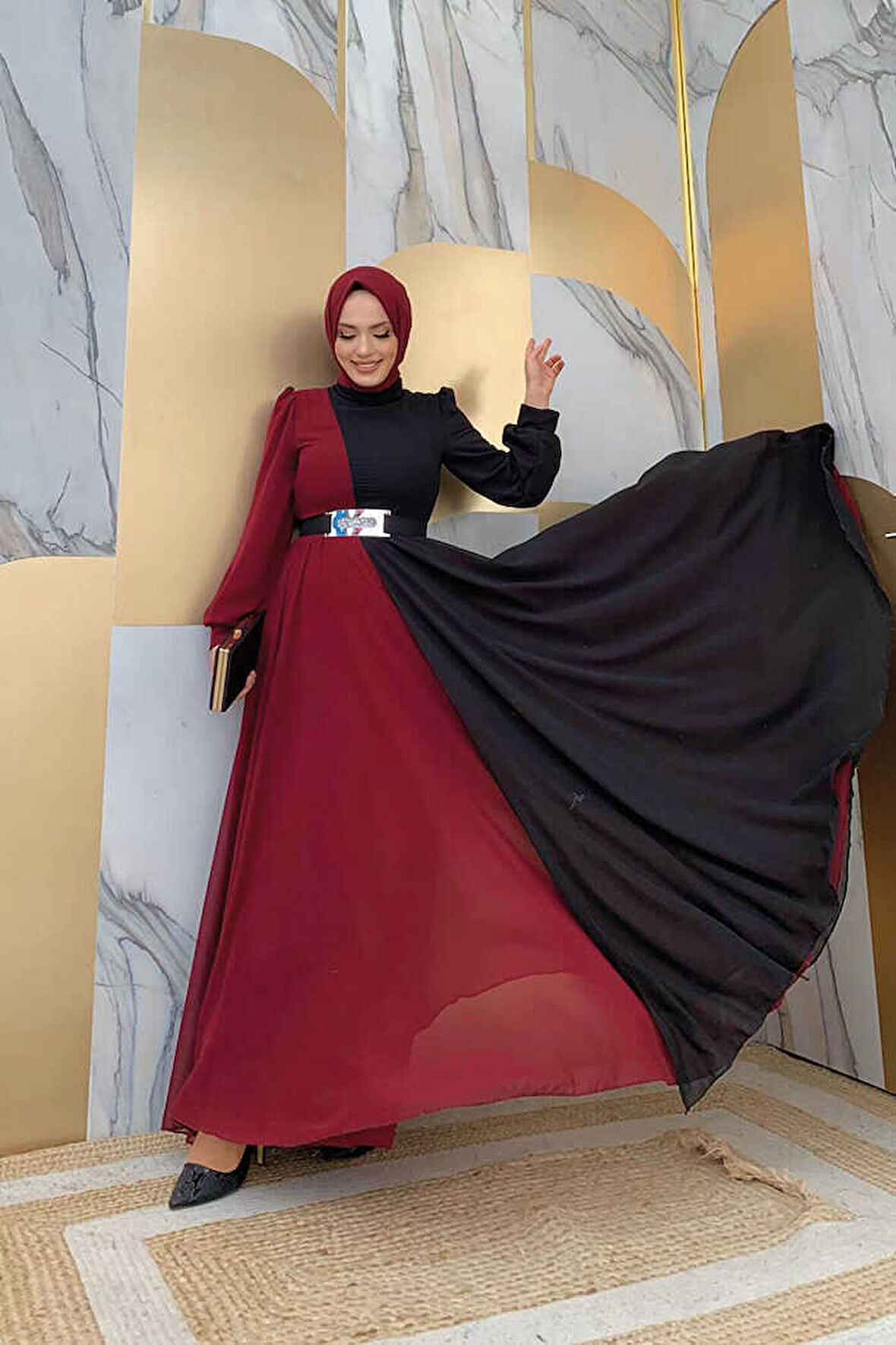 İki Renkli Şifon Bel Kemer Aksesuarlı Abiye Elbise 3806 Bordo