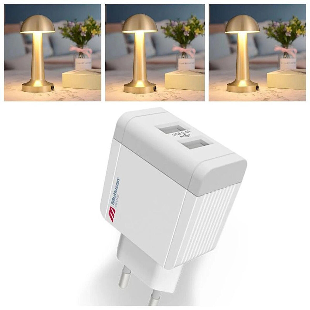 Noas Atina Gold Üç Renkli Dokunmatik Mantar Masa Lambası 3 Adet ( ŞARJ ADAPTÖRÜ HEDİYELİ )