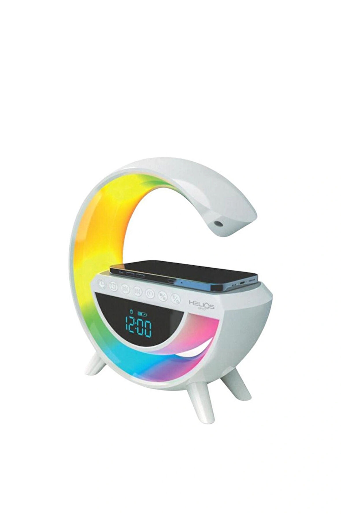 Helios Bluetooth Hoparlör - FM Radyo - Kablosuz Telefon Şarj Ünitesi - Dijital Saat RGB Masa Lambası