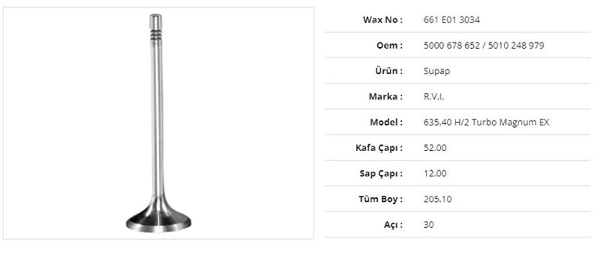 Renault Truck Subap Egzoz Renault 635.40 H/2 Turbo Magnum 52kx12sx205,1bx30a (6adet) - Wax 661 E01 3034