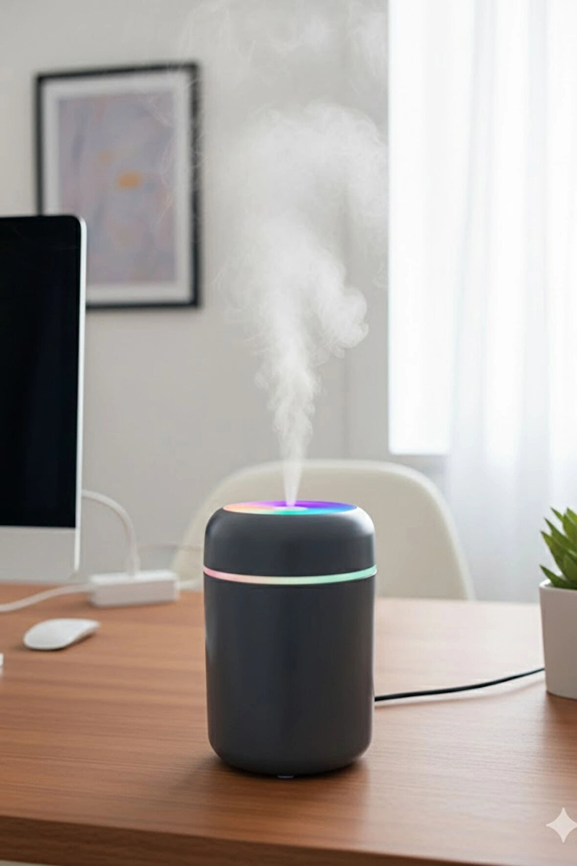 Siyah H2O USB Renkli Mini Hava Nemlendirici | LED Işıklı | 350ml Taşınabilir Oda ve Ofis Difüzörü