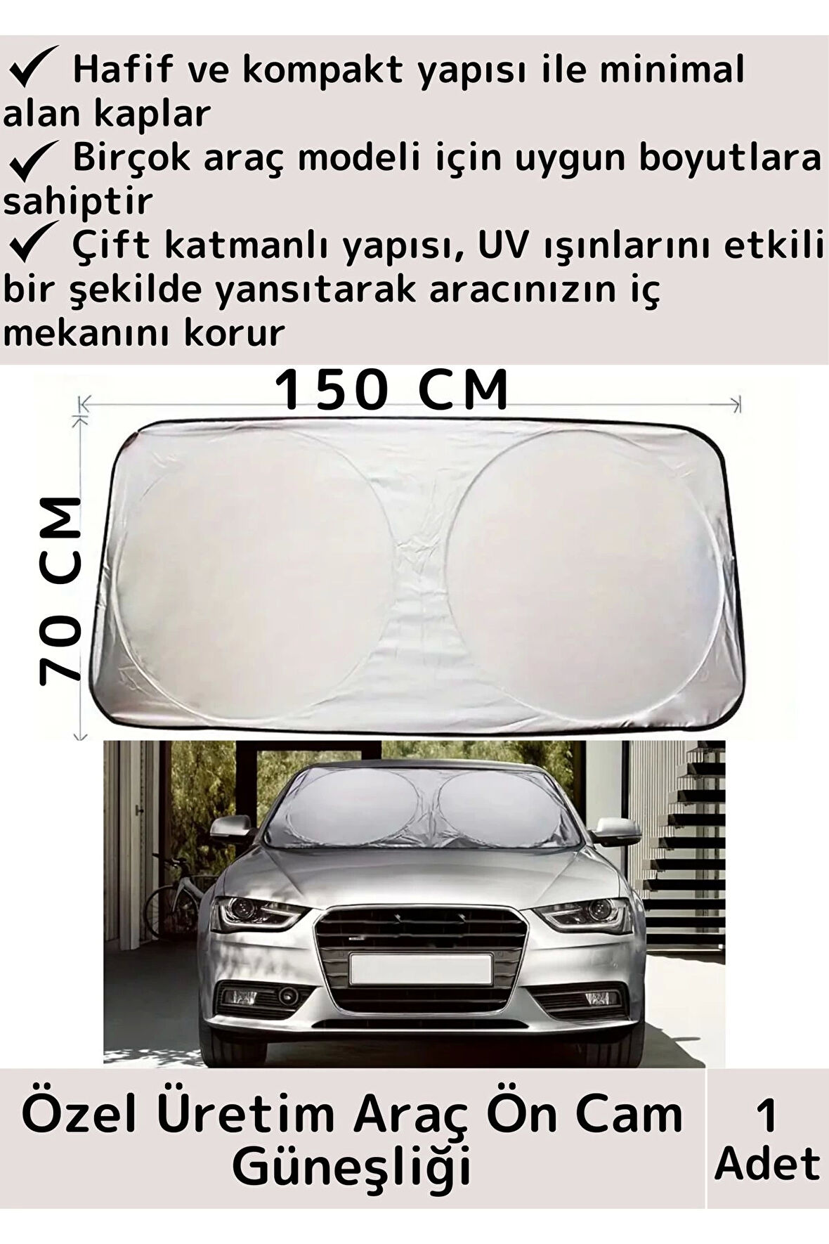 Premium UV Engelleyici Çift Katman Dayanıklı Çantalı Katlanabilir 150 X 70 CM Araba Ön Cam Güneşliği