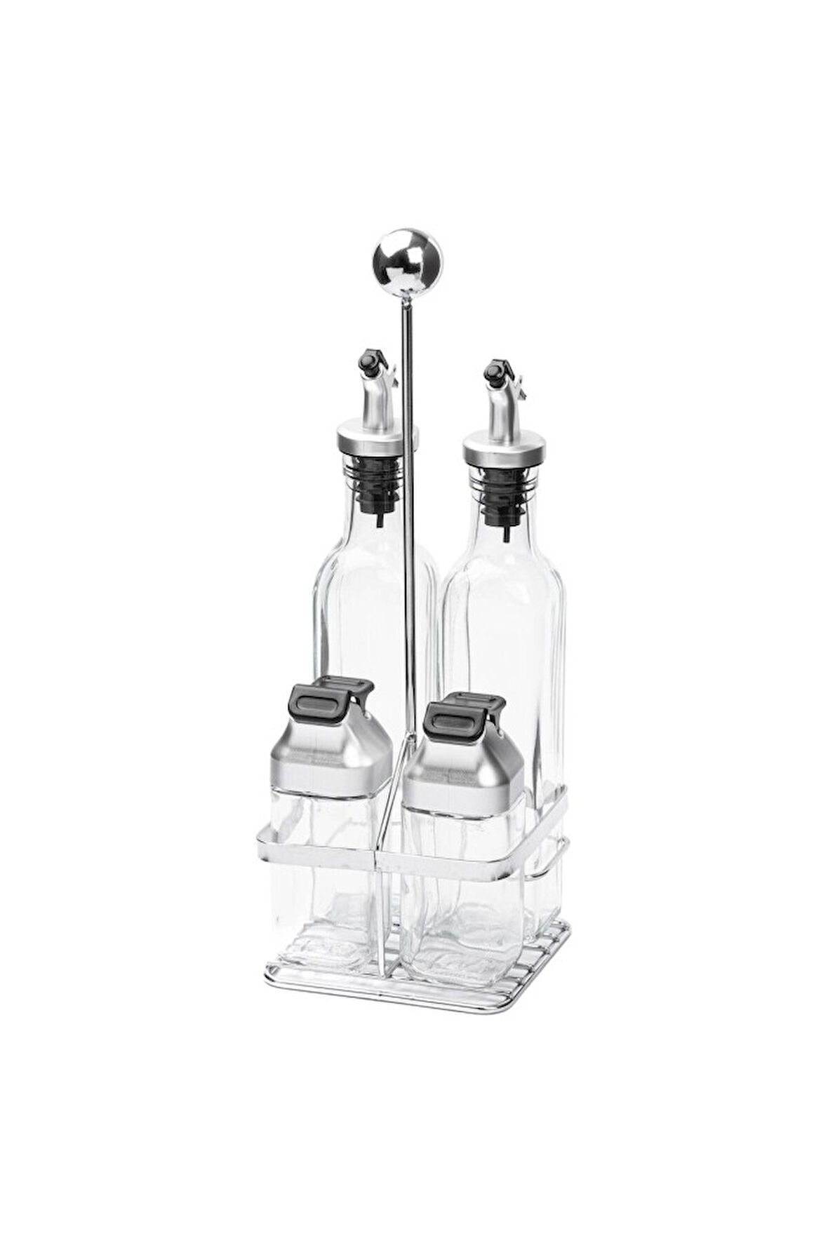 TANTİTONİ METAL STANDLI 4LÜ CAM SOSLUK SETİ - GRİ KAPAKLI 170ML/80ML