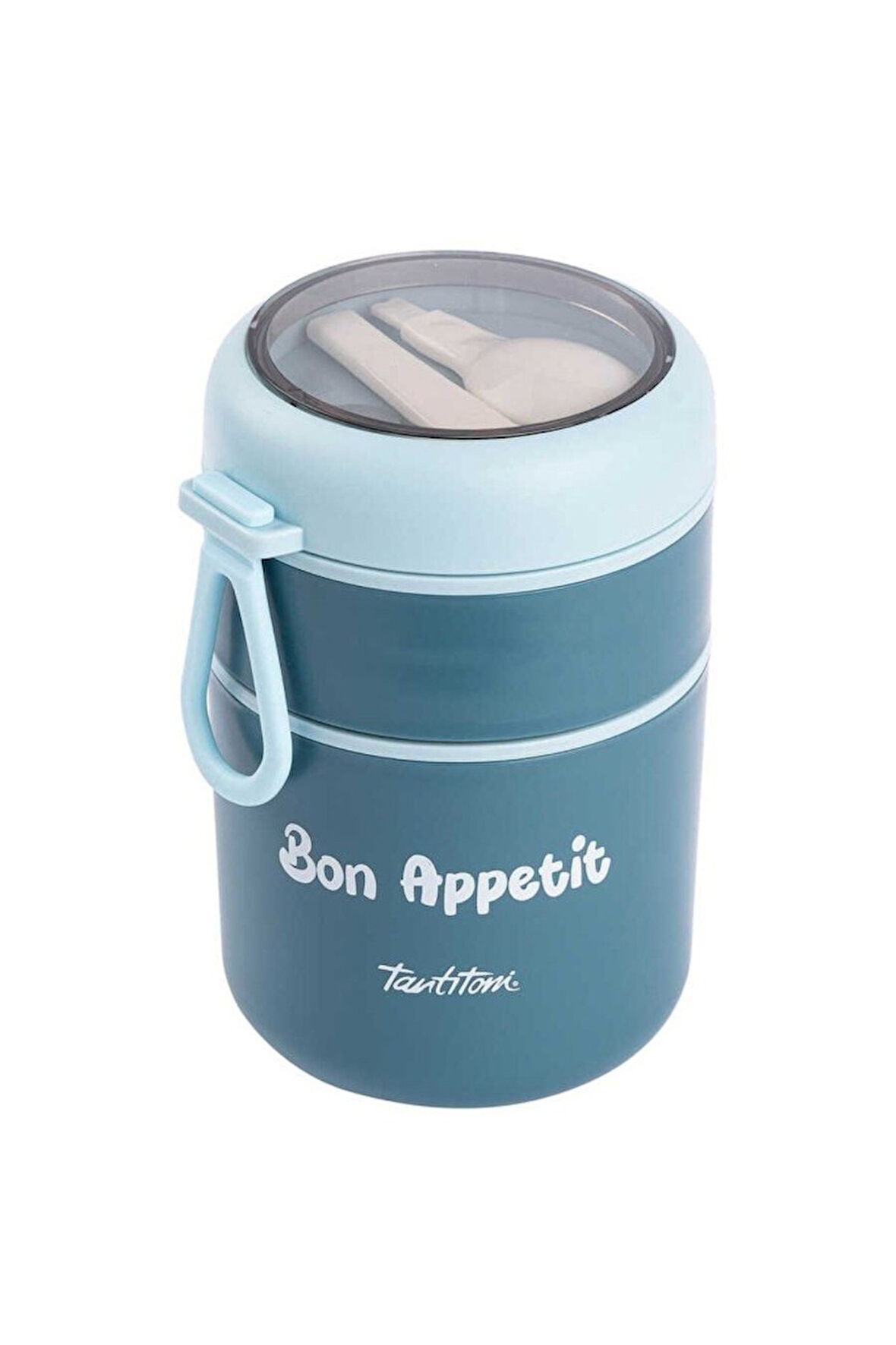 Tantitoni Paslanmaz Çelik Yuvarlak 2 Katlı Kaşıklı Yemek Taşıma Kabı 710ml Mavi