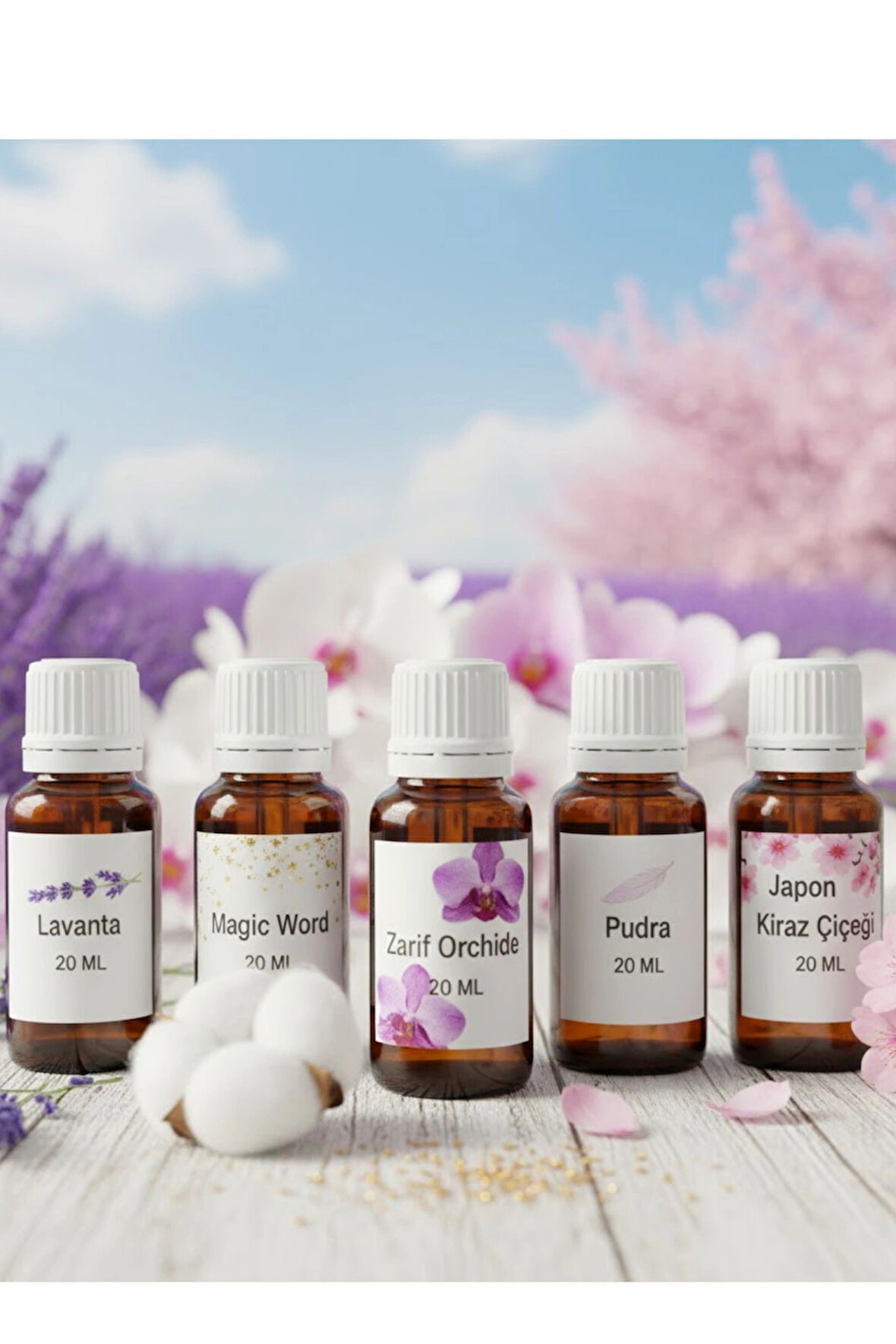 Uçucu Yağ Hava Nemlendirici Kokusu 20 ML 5 Li Set Lavanta / Japon Kirazı / Pudra / Magic Word /Zarif Orchıde