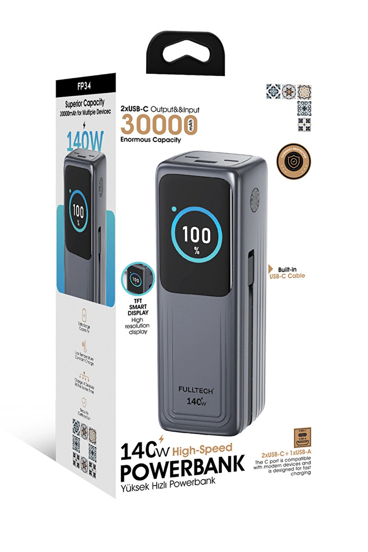 Fullech FP34 140W Süper Hızlı Powerbank | 30000mAh Yüksek Kapasiteli | PD & QC 3.0 Destekli Akıllı Ekranlı Taşınabilir Şarj Cihazı