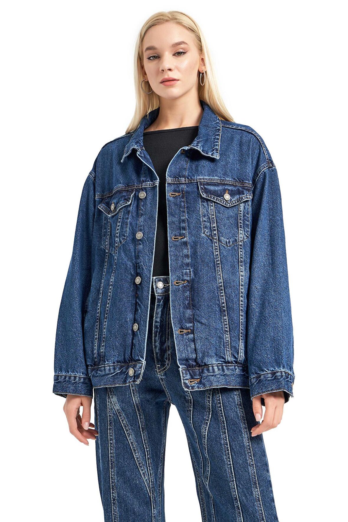 Kadın Mavi Renk Oversize %100 Koton Denim Ceket