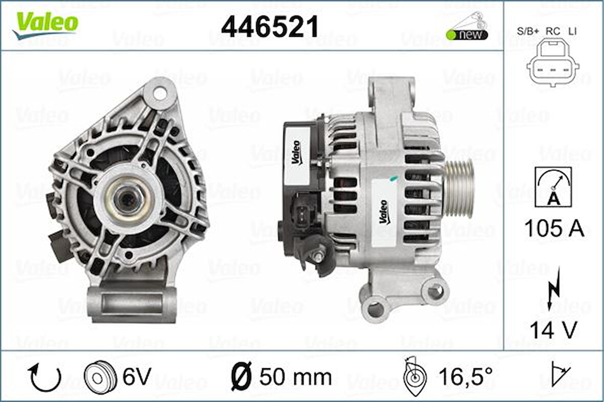 Ford Alternator 12v (105a) Focus 1,6 Zetec E 16v 100ps 00>04 Fiesta V 01>08 Fusıon 01>12 - Valeo 446521