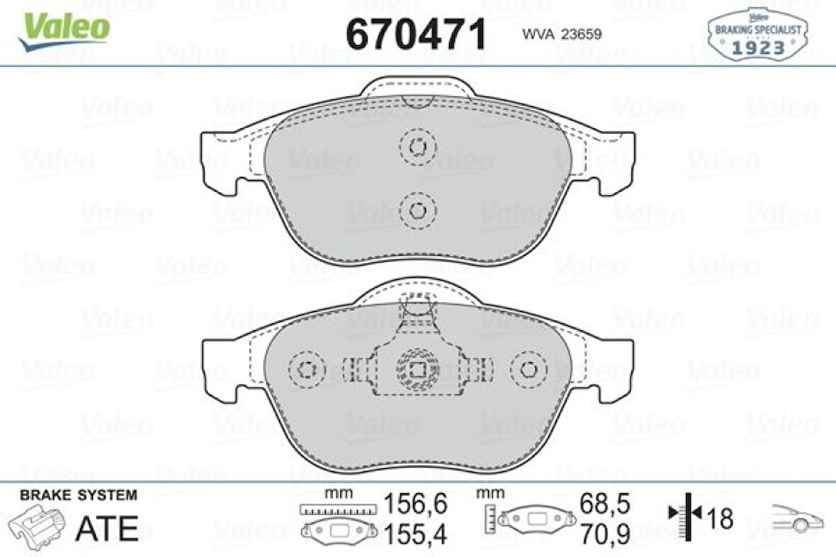Renault On Fren Balatası Laguna II 1,6 16v 1,8 16v 1,9 3,0 V6 Megane II 05- 1,6 16v 1,5 2,0 1,9 - Valeo 670471