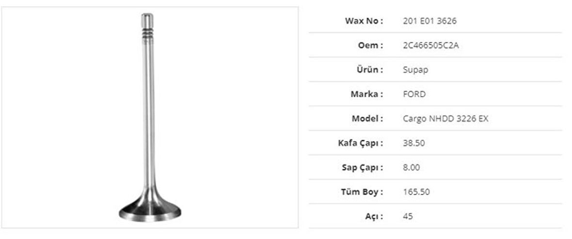 Ford Truck Subap Egzoz Ford Cargo Nhdd 2524-3230-1838-4136 38,5kx8sx165,5bx45a (12adet) - Wax 201 E01 3626