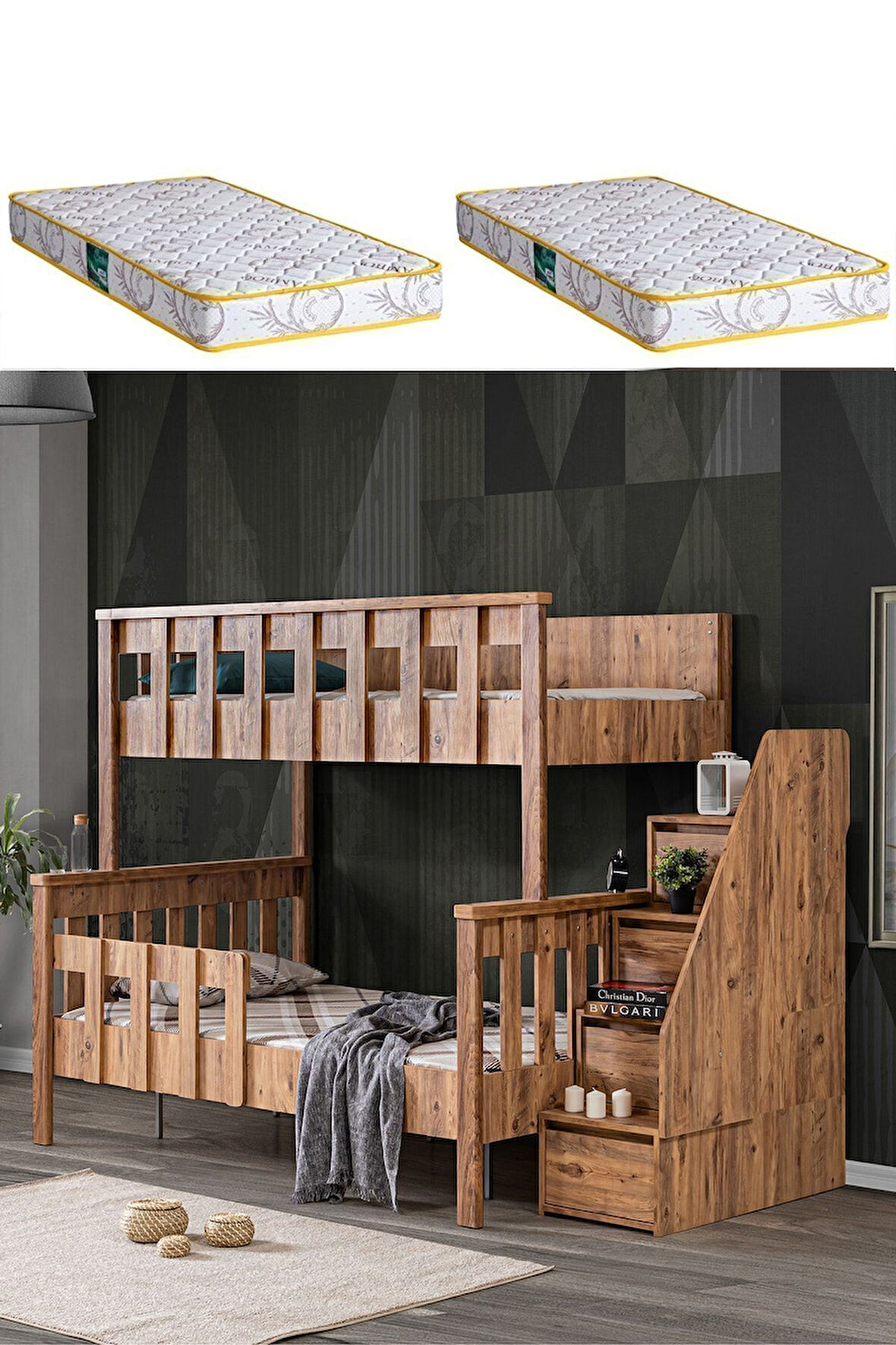 Mdf Profil Ranza, Deluxe Ayrılabilir Ranza - Ceviz + 2 Adet Comfort Yatak