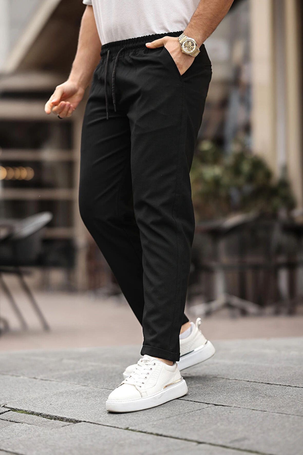 Erkek Siyah Slim Fit Rahat Kesim Beli Bağlamalı Yan Cepli Likralı Jogger Pantolon