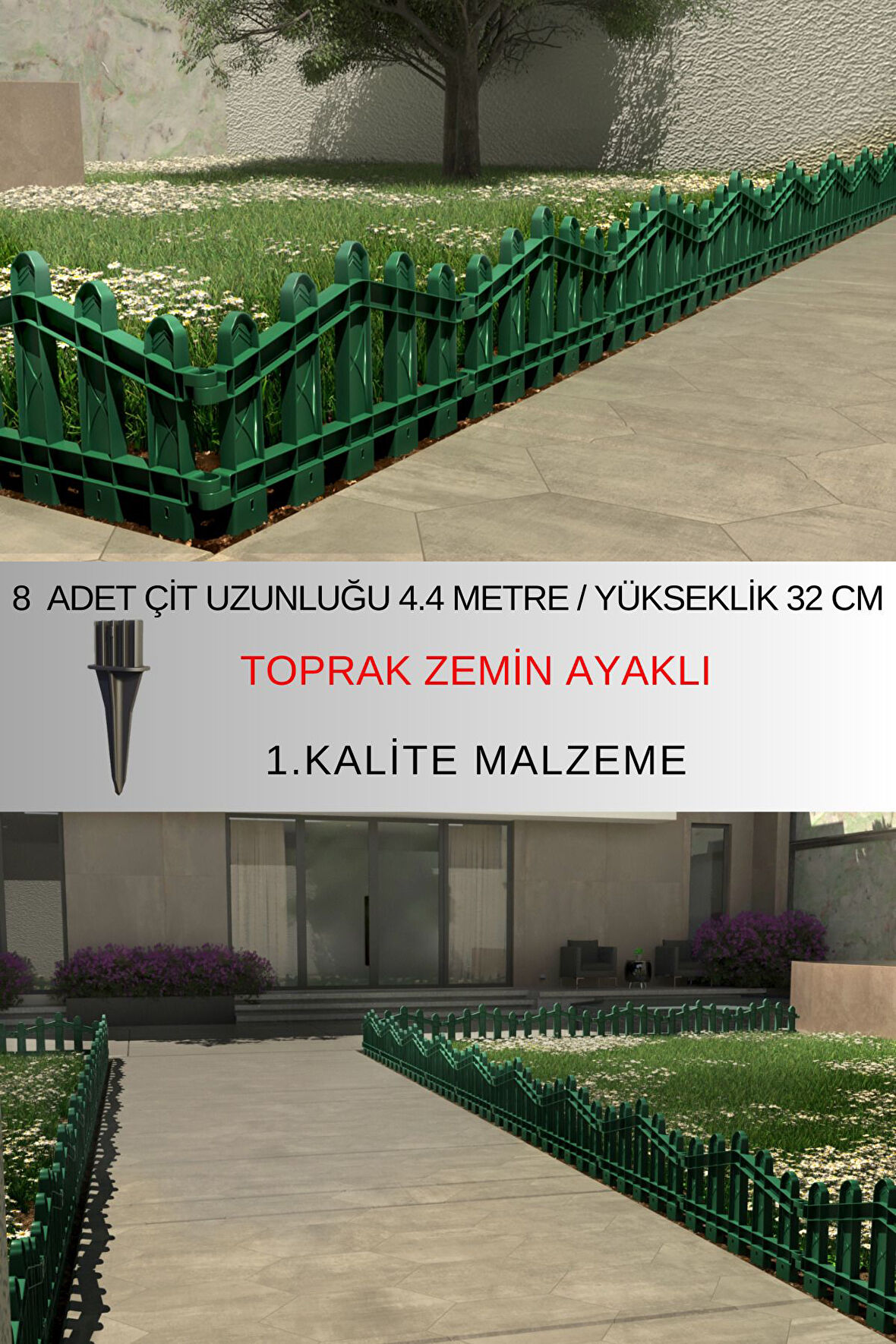 Dekoratif Plastik Bahçe ve Peyzaj Çiti 8 ADET ÇİT (Y: 32 CM / G: 4.4 M) TOPRAK AYAKLI