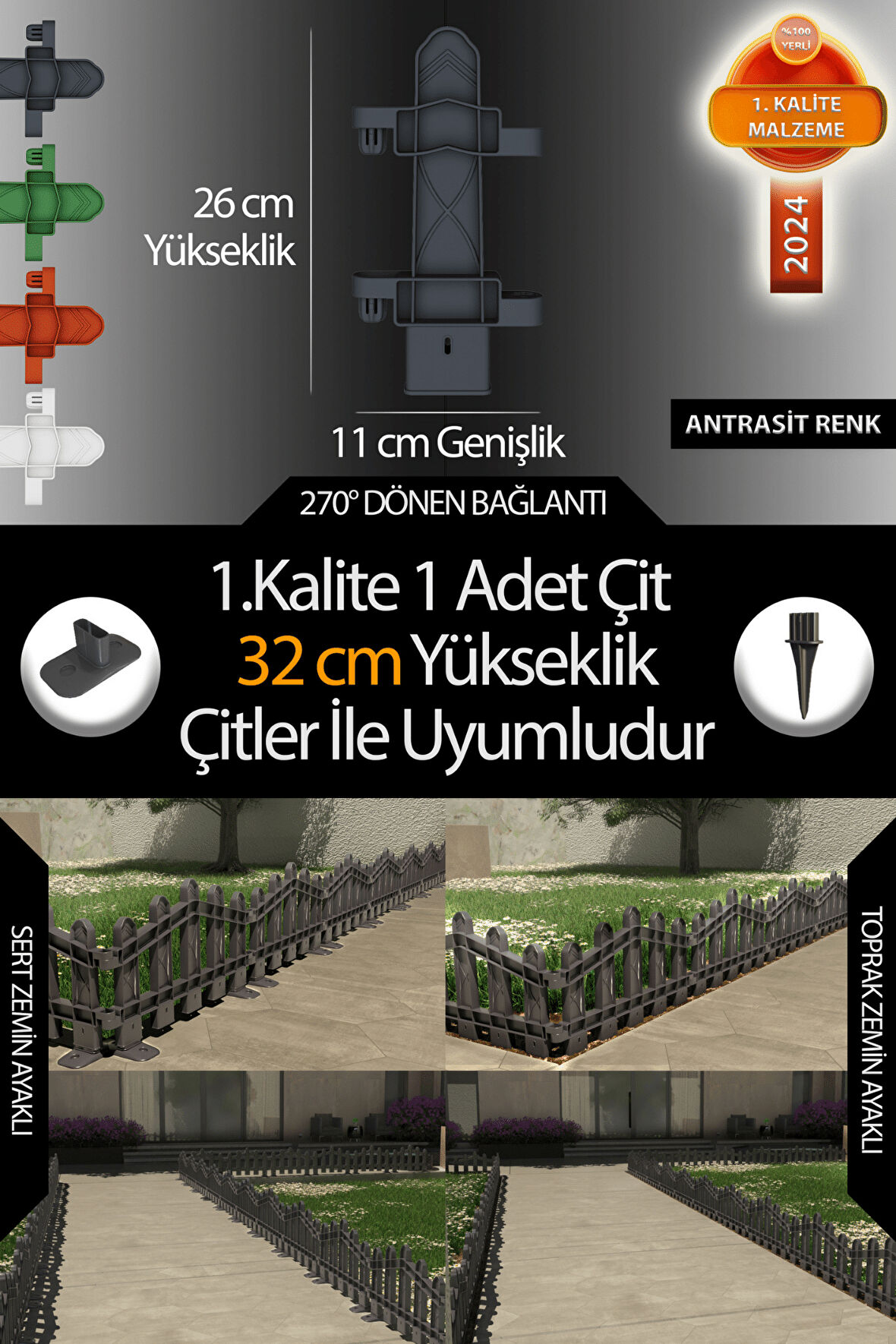 Uzunluk - Köşe - Kenar Tamamlama Çiti  (32 Cm Yükseklik Çit ile Uyumludur)