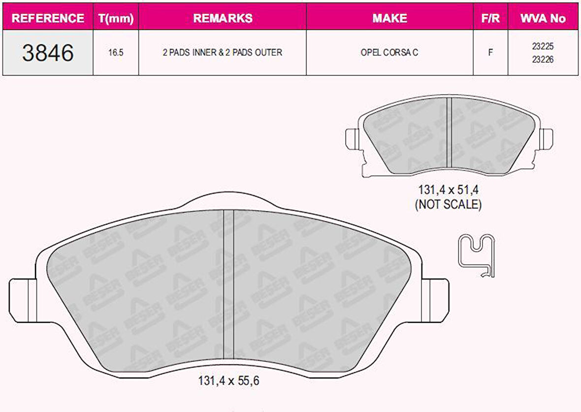 Opel Fren Balatası On Combo C Corsa C 1.3 1.7 Cdti 01 > Meriva 03 > Tigra 04 > - Beser 3846