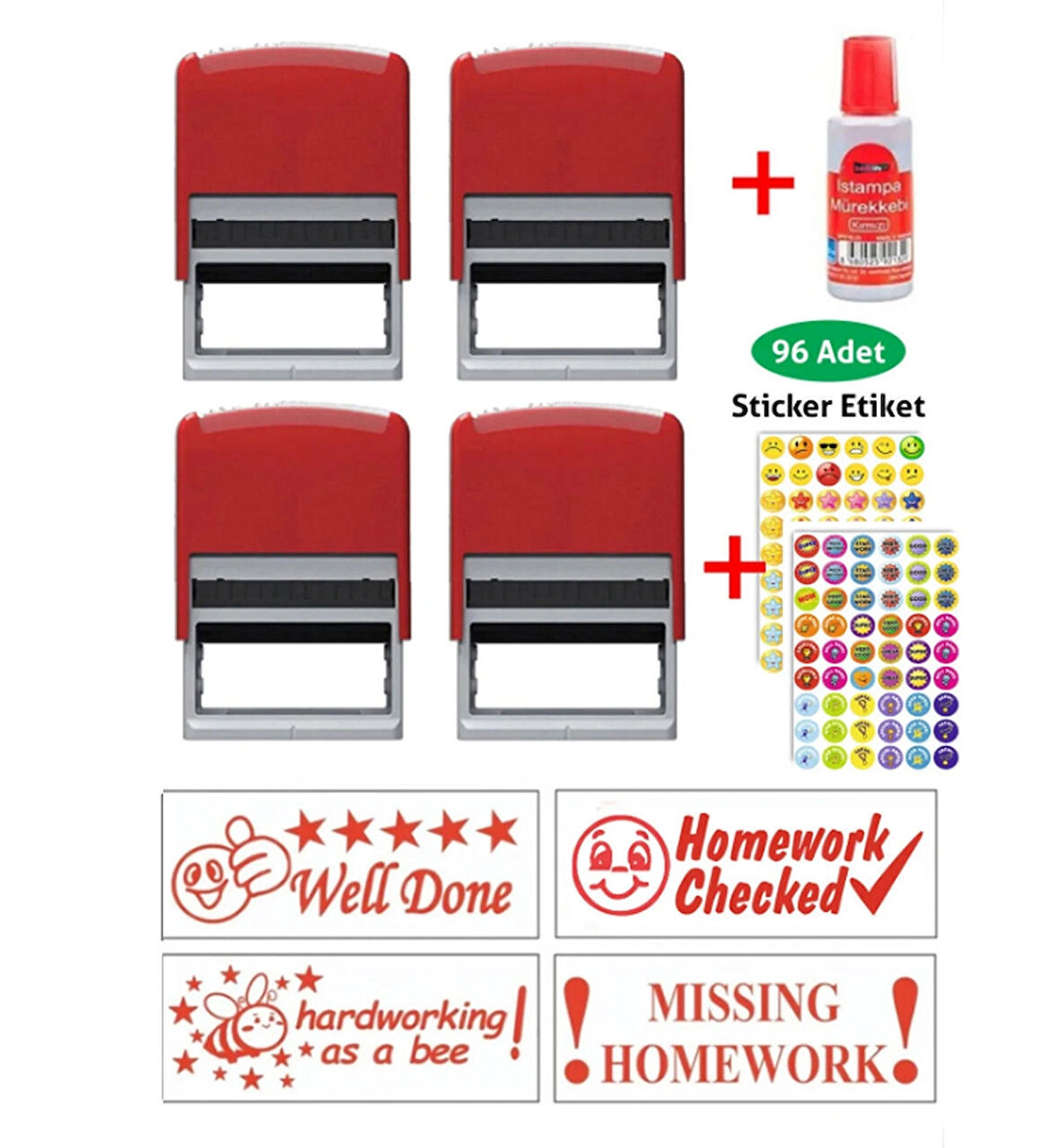 Öğretmen Kaşesi 4 Adet Kaşe + 1 Adet Mürekkep (20 cc) + 4 Yaprak Sticker Etiket Öğrenci Motivasyon Kaşeleri