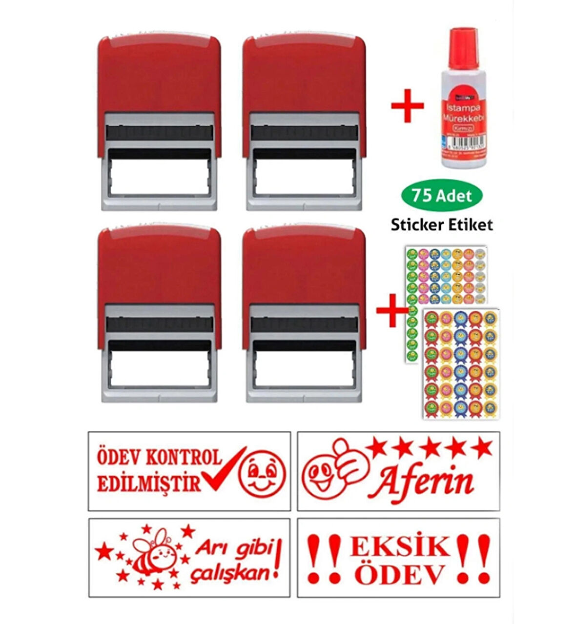 Öğretmen Kaşesi 4 Adet Kaşe + 1 Adet Mürekkep (20 cc) + 4 Yaprak Sticker Etiket Öğrenci Motivasyon Kaşeleri