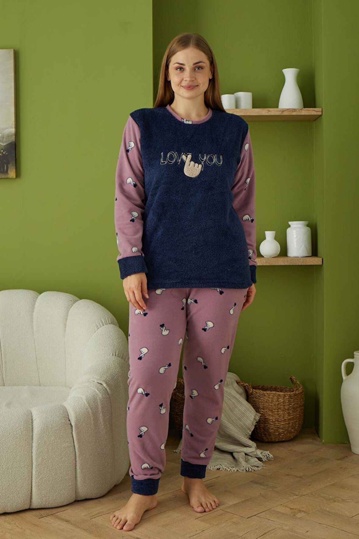 Pijamood 60014 Mor Battal Kadın Polar Pijama Takımı 