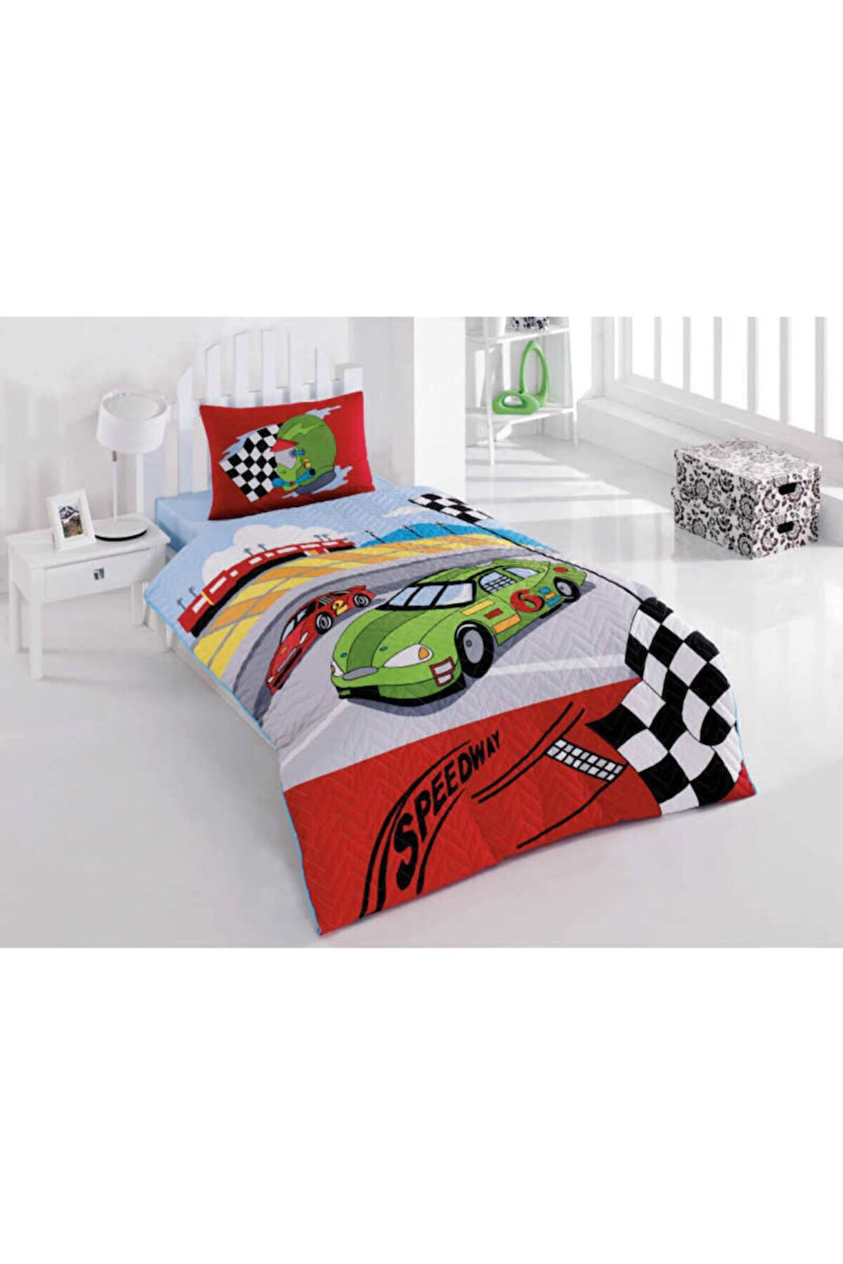 Kapitoneli Tek Kişilik 4 Mevsim Pike  Pamuk Yarış Arabalı Model Speedway Nevresim