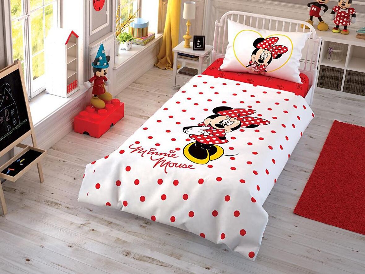 Taç Lisanslı Minnie Mickey Lastikli Çarşaflı Çizgi Kahraman Pamuk Çocuk Nevresim Takımı