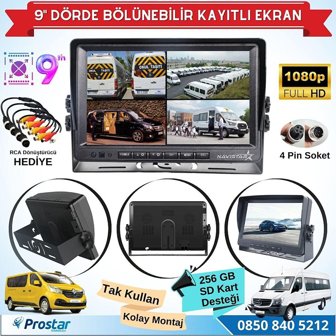 9 Inç Kayıtlı Dörde Bölünür Monitör 256Gb Sd Destekli 4 Kamera Takılabilir 4 Pin Soketli