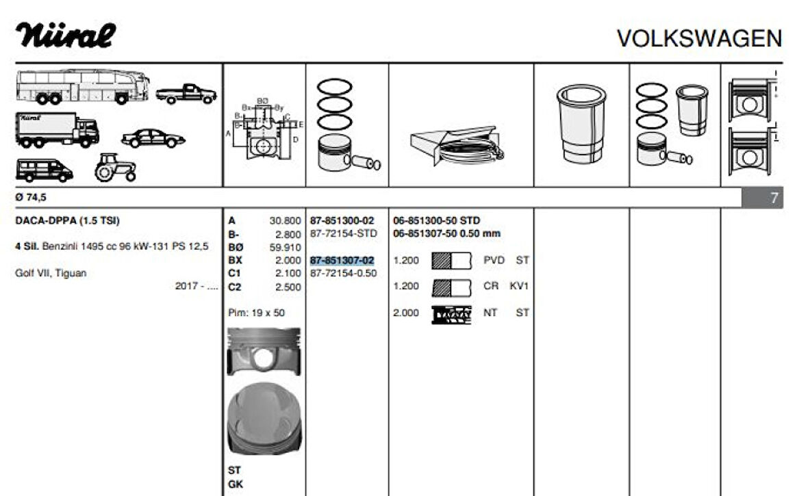 Vag Piston Segman 0.50 74,50mm Golf VII VIII 17> Leon 17> Daca Dpba 1.5 Tsi - Goetze 8772154050000g