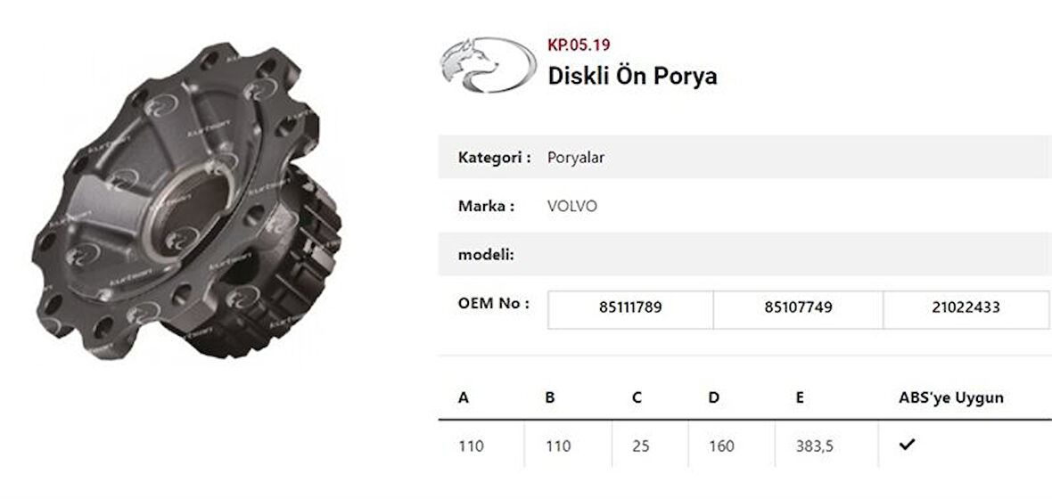 Volvo Truck Dingil Poryası Diskli On (rulmanlı) - Volvo Truck / Fm9-Fm12-Fh12-Fh16-Nh12- - Kurtsan Kk.05.19