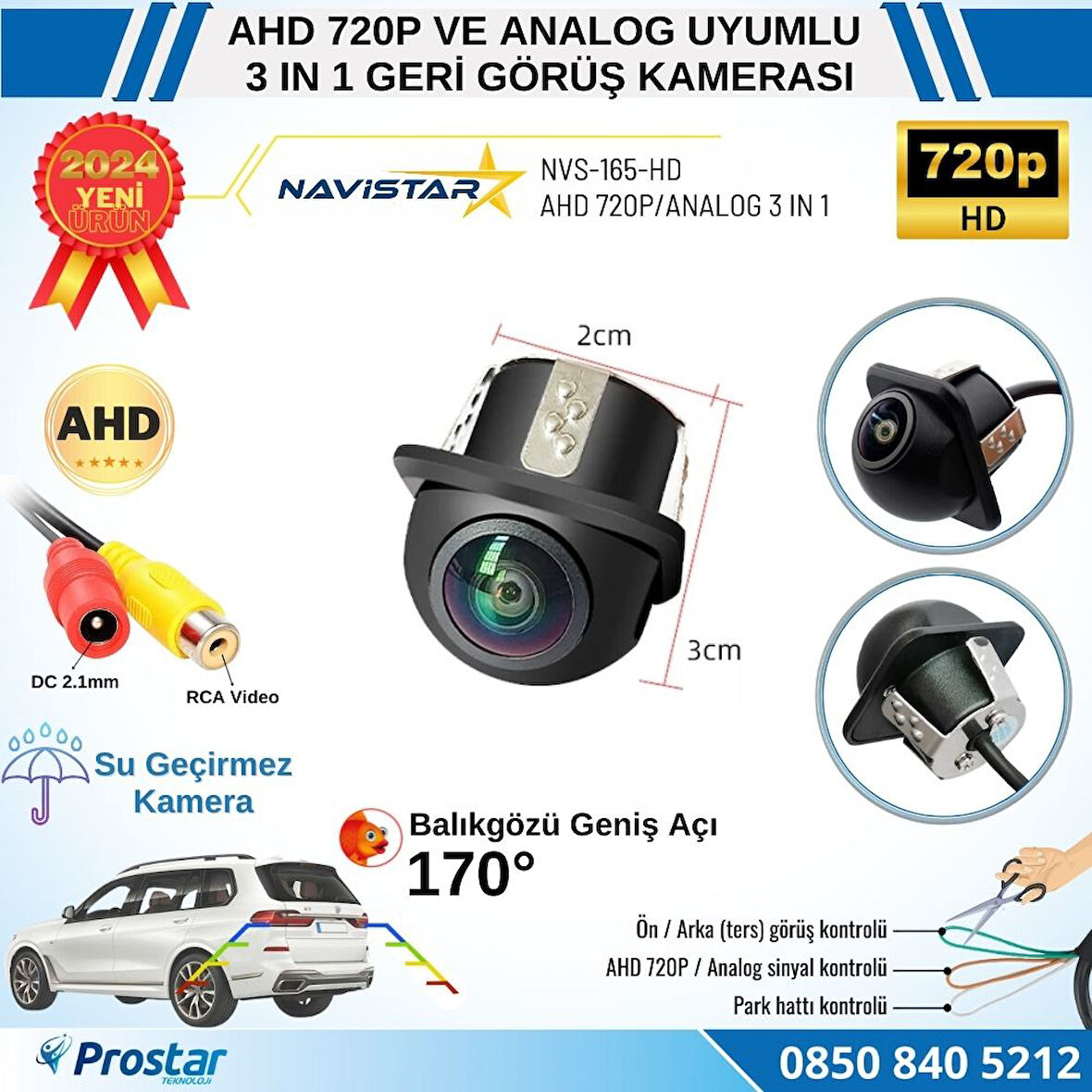 AHD 720P ve Analog Pal Çevrilebilir 170 Derece Balıkgözü Geniş Açılı  Geri Görüş Kamerası