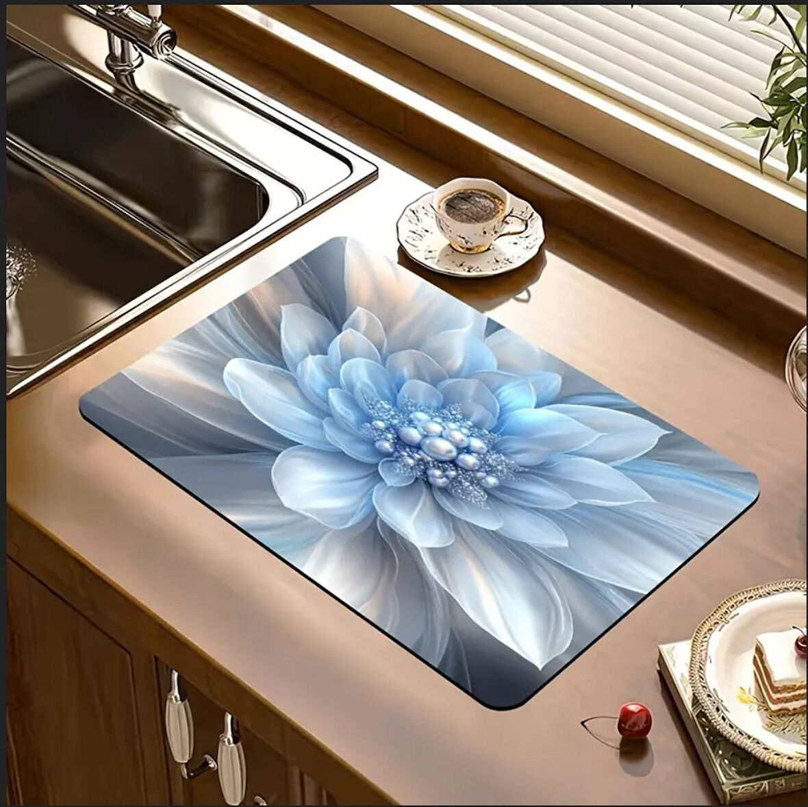 55 CM x 45 CM MAVİ İNCİ ÇİÇEK DESENLİ TEZGAH ÜSTÜ BULAŞIK KURUTMA MATI BULAŞIKLIK KURUTMA ÖRTÜSÜ