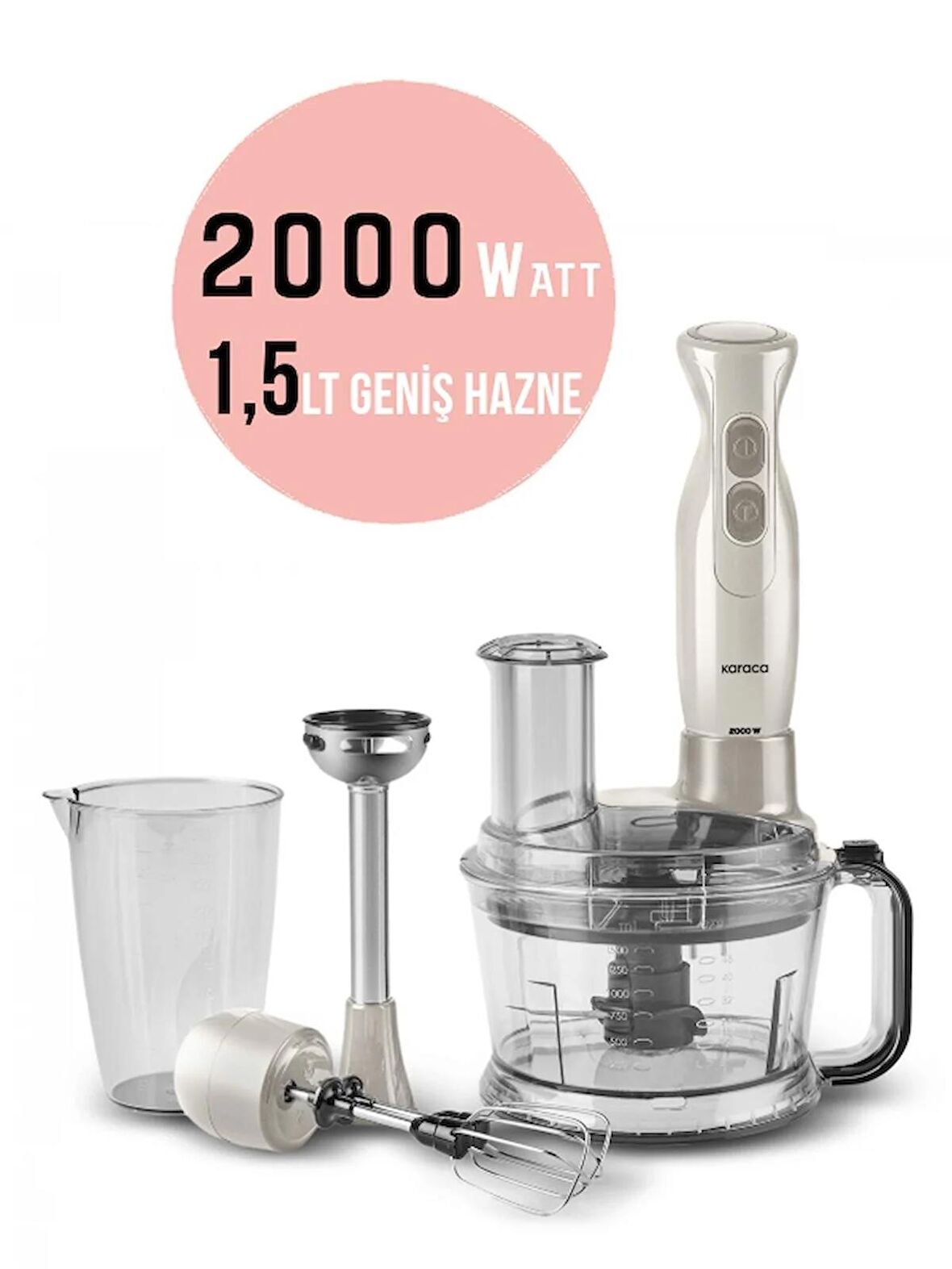 Karaca PRO-2000W Turbo Doğrayıcı, Dilimleme Rondo, Blender - İkili çelik mikser, Buz Kırıcı Mutfak Robotu Krem