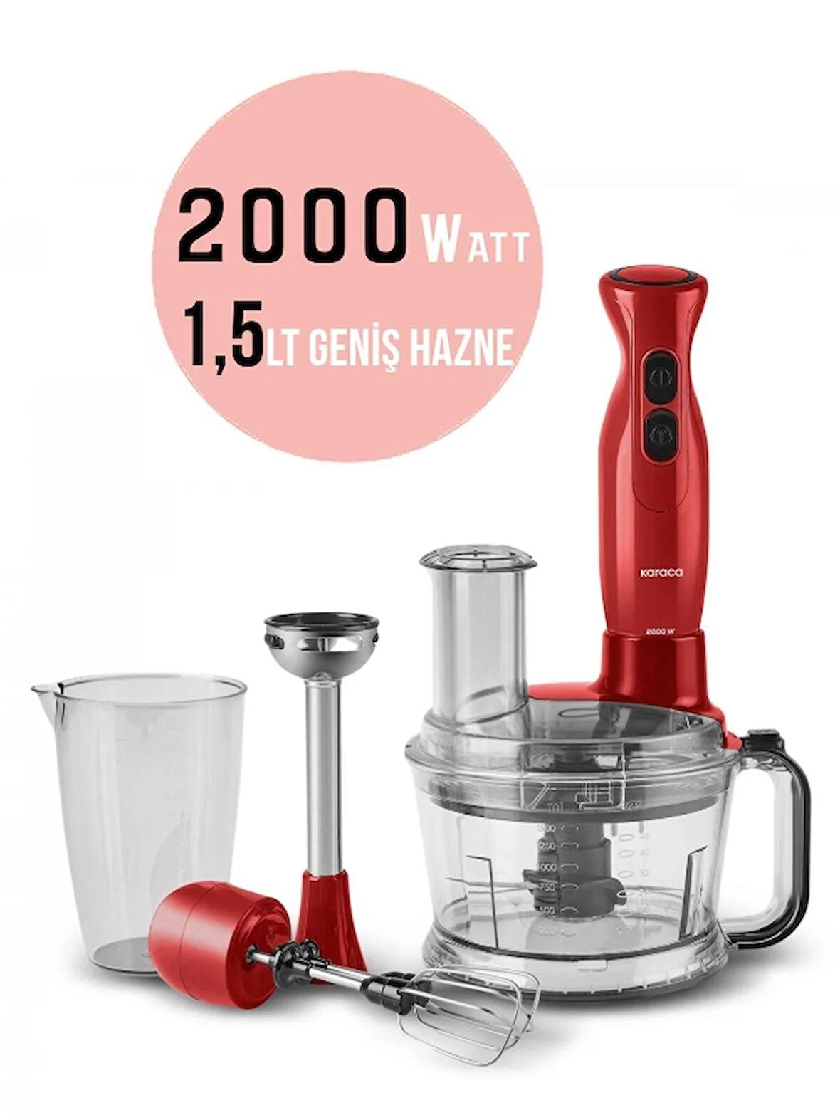 Karaca PRO-2000W Turbo Doğrayıcı, Dilimleme Rondo, Blender - İkili çelik mikser, Buz Kırıcı Mutfak Robotu Kırmızı