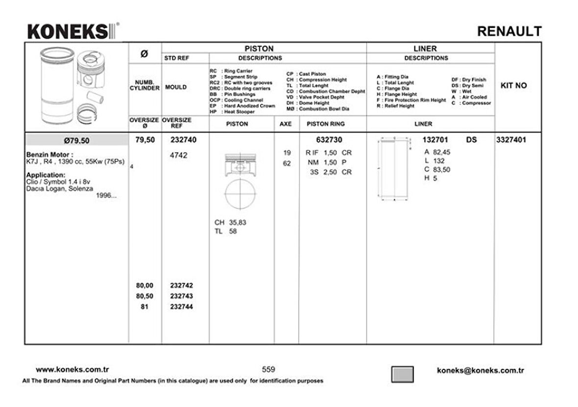Renault Piston Segman  79,5mm Std Megane 1.4 CC 8v (k7j) - Koneks 232740