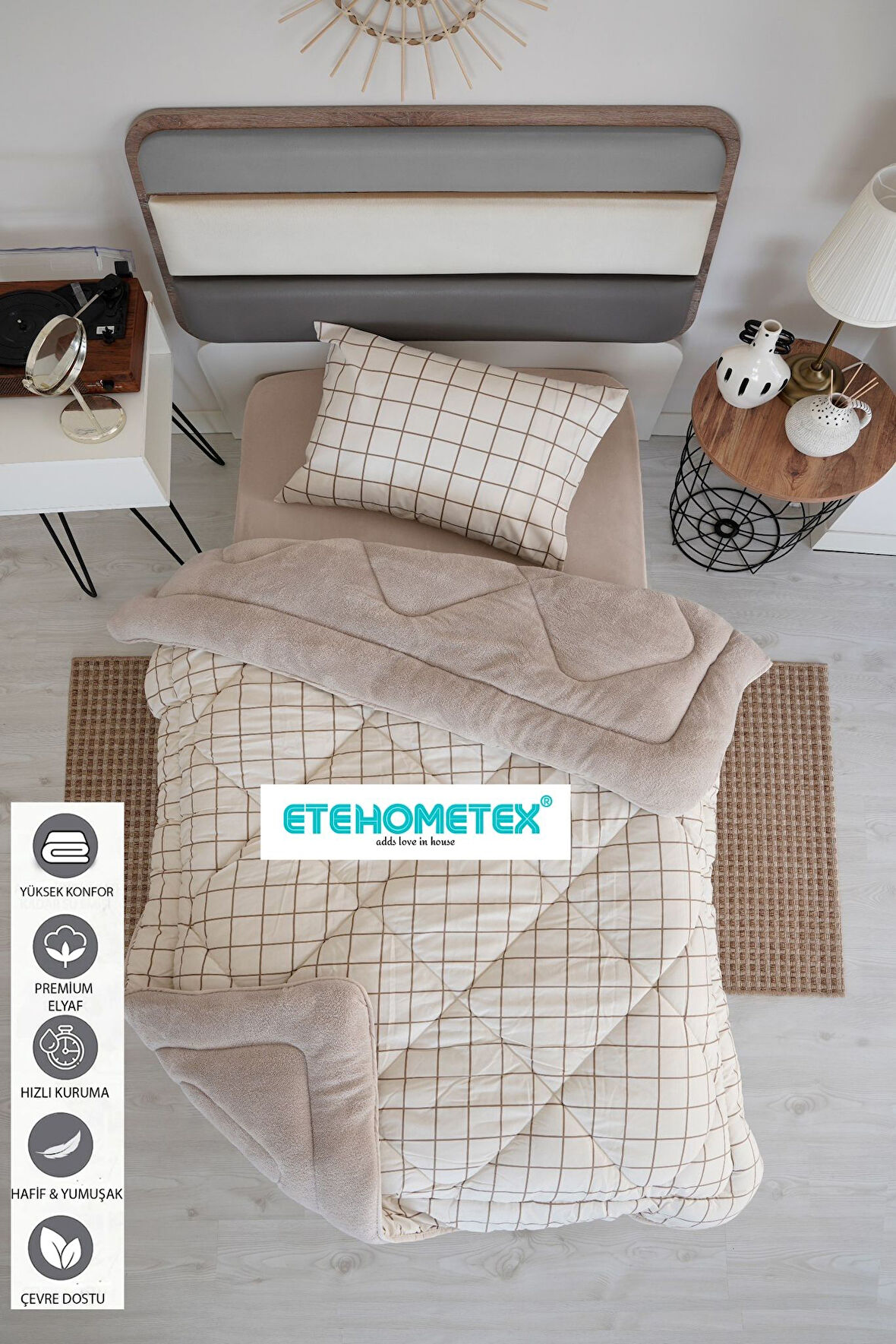 ETE HOMETEX TEK KİŞİLİK WELSOFT YORGAN 155X215CM KARE BEJ 86964742311737