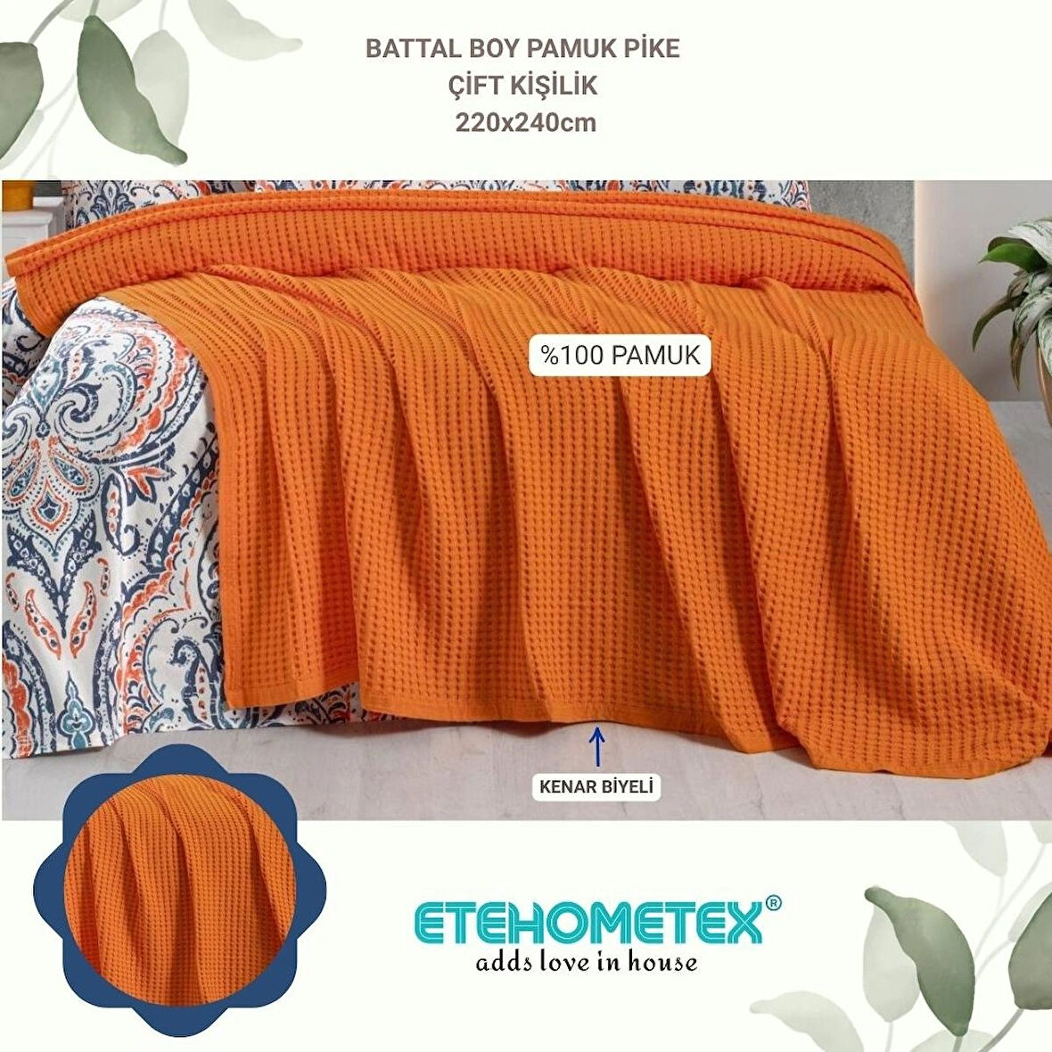İPEKSİ HAVUZLU PİKE ÇİFT KİŞİLİK 220X240CM TURUNCU 8696474231655