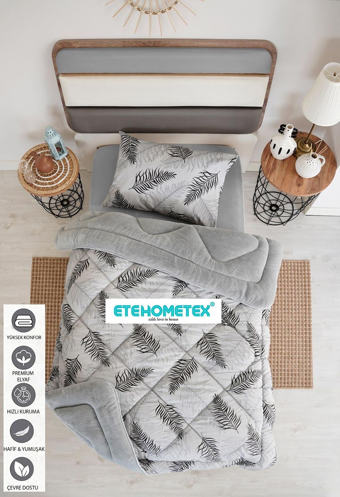 ETE HOMETEX TEK KİŞİLİK WELSOFT YORGAN 155X215CM YAPRAK DESEN GRİ 8696474231664