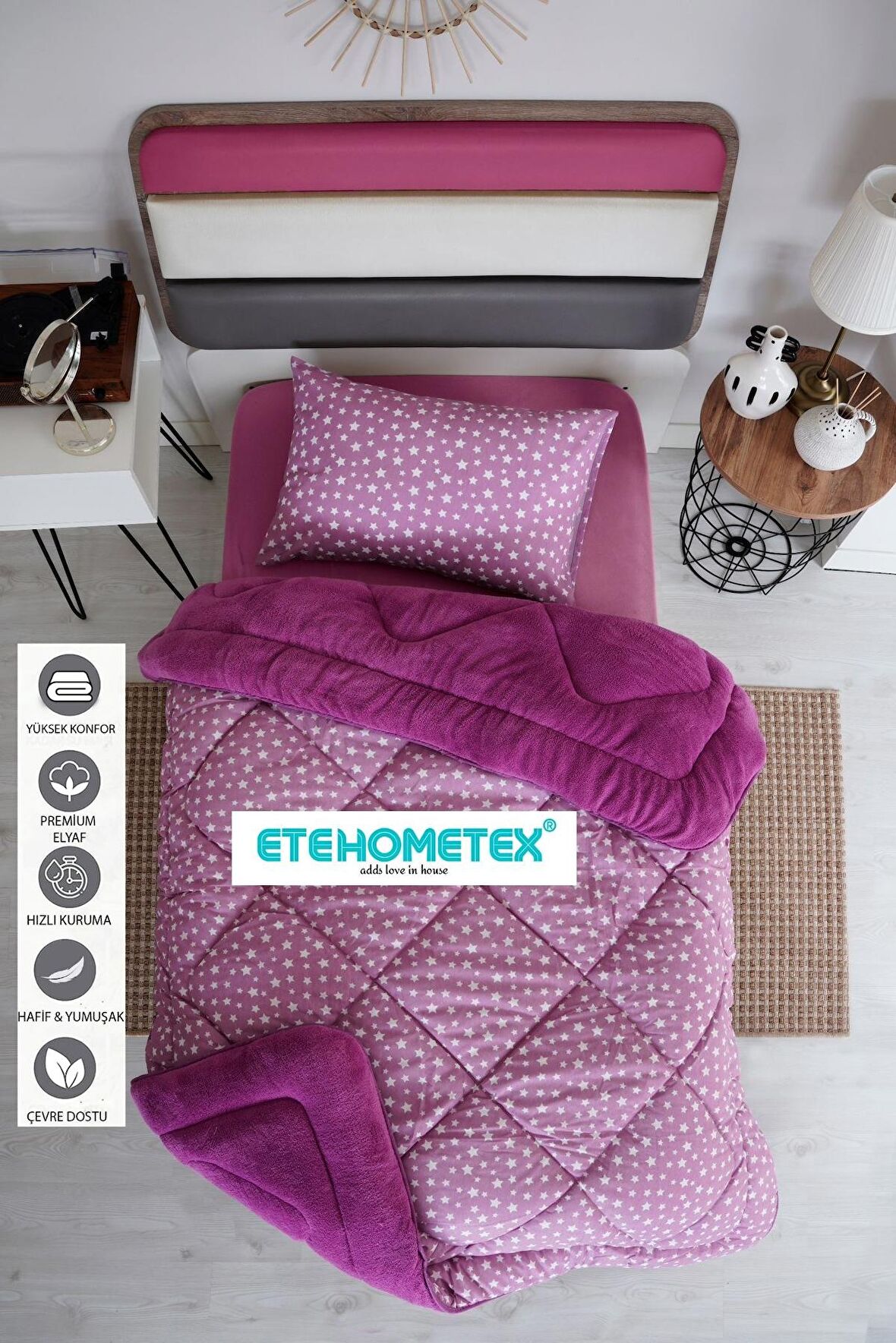 ETE HOMETEX TEK KİŞİLİK WELSOFT YORGAN 155X215CM YILDIZ DESEN MÜRDÜM 8696474231665