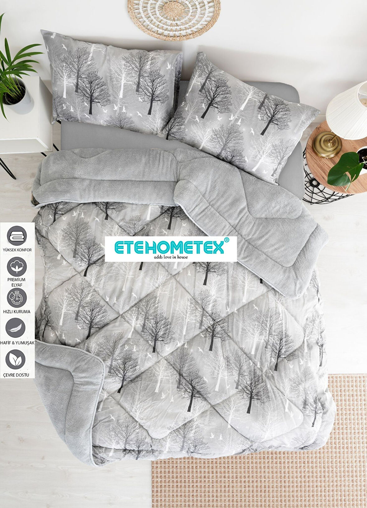 ETE HOMETEX ÇİFT KİŞİLİK WELSOFT YORGAN 195X215CM AĞAÇ DESEN GRİ 8696474231712