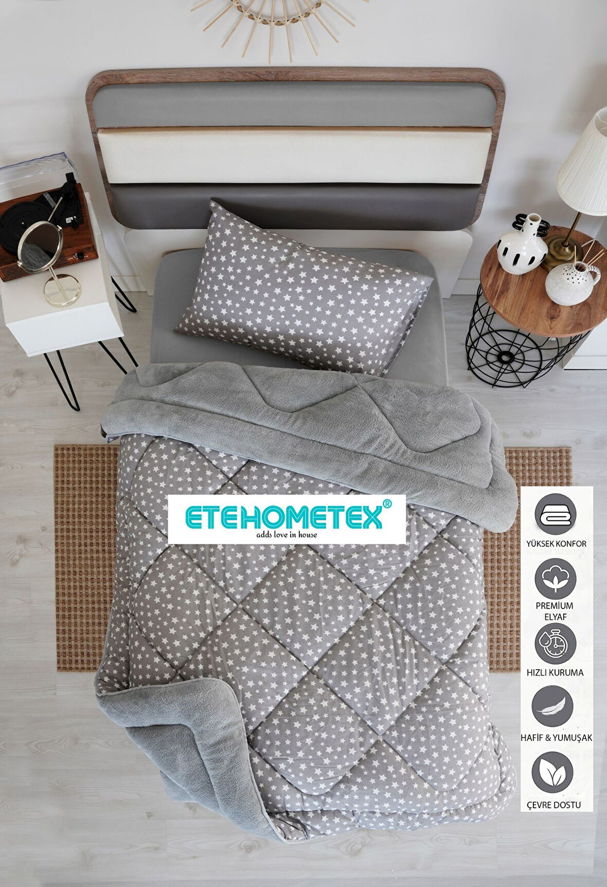 ETE HOMETEX TEK KİŞİLİK WELSOFT YORGAN 155X215CM YILDIZ GRİ 8696474231748