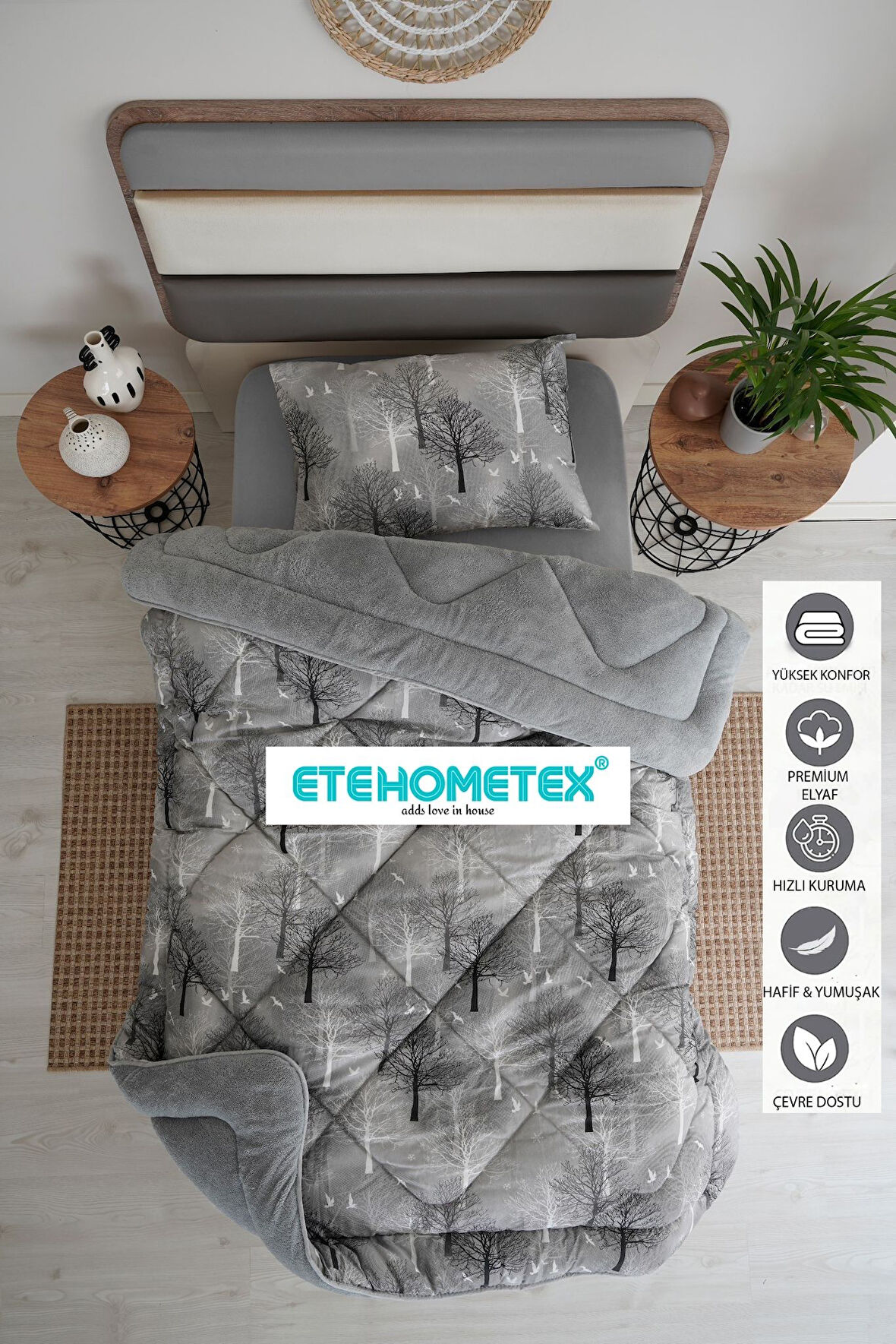 ETE HOMETEX TEK KİŞİLİK WELSOFT YORGAN 155X215CM AĞAÇ GRİ 8696474231749