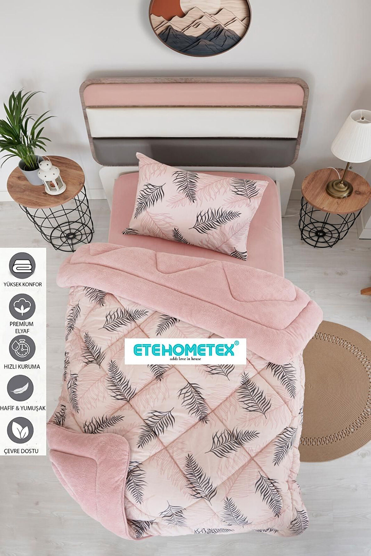 ETE HOMETEX TEK KİŞİLİK WELSOFT YORGAN 155X215CM YAPRAK DESEN PUDRA 8696474231750