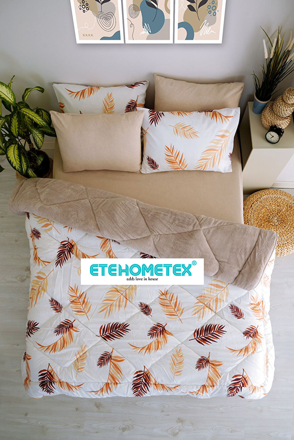 ETE HOMETEX ÇİFT KİŞİLİK WELSOFT YORGAN 195X215CM YAPRAK DESEN BEJ 8696474231753