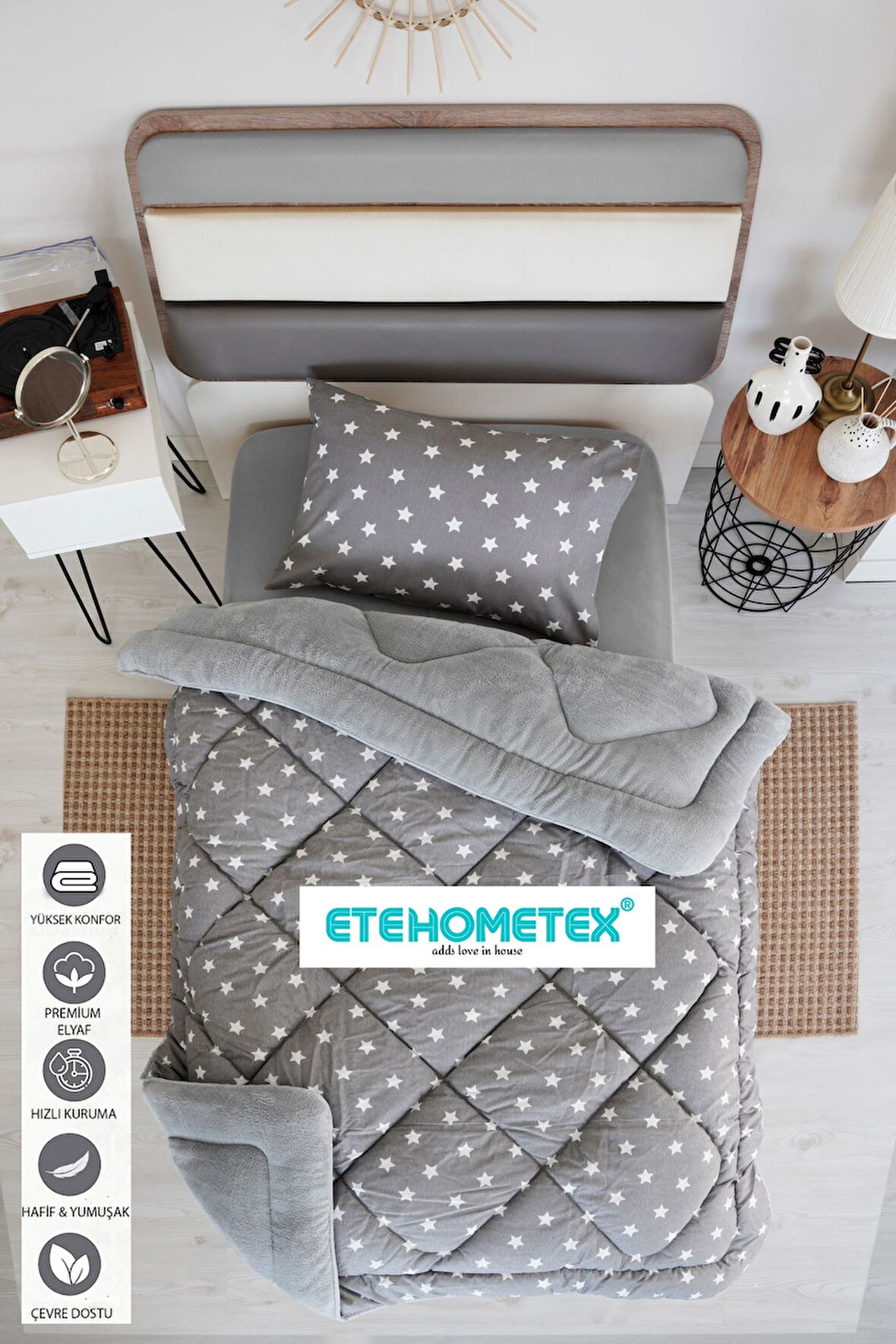 ETE HOMETEX TEK KİŞİLİK WELSOFT YORGAN 155X215CM YILDIZ DESEN KOYU GRİ 8696474231754