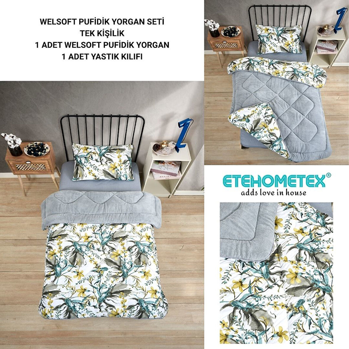 ETE HOMETEX TEK KİŞİLİK LÜX WELSOFT YORGAN SETİ ASYA GRİ 155X215CM 8696474231887
